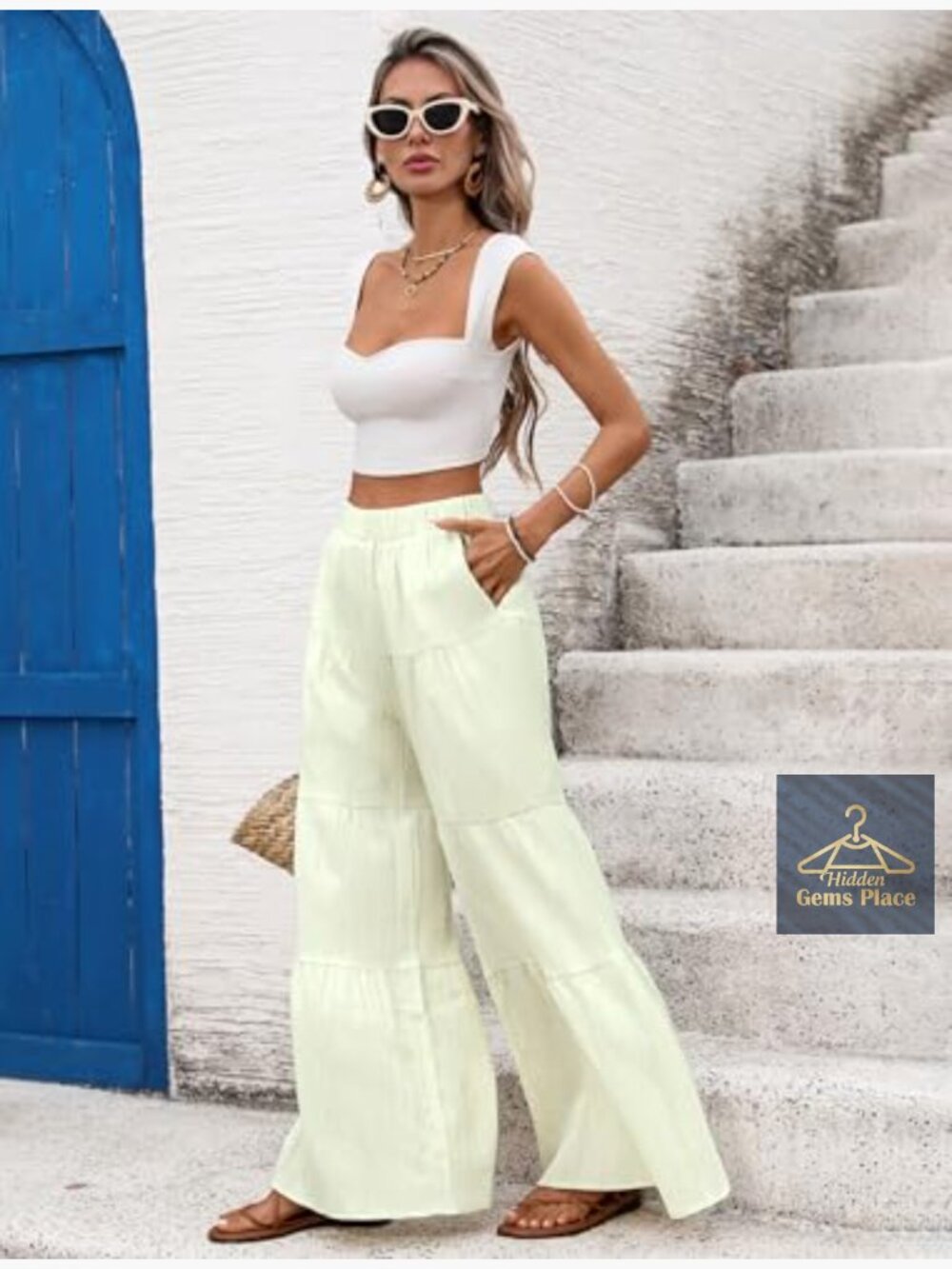 High Waist Wide Leg Palazzo Pants with Pockets Flowy Casual Lounge - Picture 3 of 7